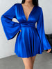Women's Satin-Style Mini Dress, V-Neck, Long Flared Sleeves and Gathered Waist