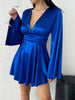 Women's Satin-Style Mini Dress, V-Neck, Long Flared Sleeves and Gathered Waist
