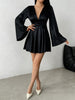 Women's Satin-Style Mini Dress, V-Neck, Long Flared Sleeves and Gathered Waist