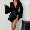 Women's Satin-Style Mini Dress, V-Neck, Long Flared Sleeves and Gathered Waist
