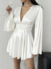 Women's Satin-Style Mini Dress, V-Neck, Long Flared Sleeves and Gathered Waist