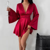 Women's Satin-Style Mini Dress, V-Neck, Long Flared Sleeves and Gathered Waist