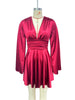 Women's Satin-Style Mini Dress, V-Neck, Long Flared Sleeves and Gathered Waist