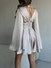 Women's Satin-Style Mini Dress, V-Neck, Long Flared Sleeves and Gathered Waist
