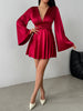 Women's Satin-Style Mini Dress, V-Neck, Long Flared Sleeves and Gathered Waist