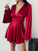 Women's Satin-Style Mini Dress, V-Neck, Long Flared Sleeves and Gathered Waist