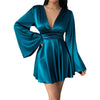 Women's Satin-Style Mini Dress, V-Neck, Long Flared Sleeves and Gathered Waist