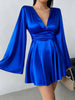 Women's Satin-Style Mini Dress, V-Neck, Long Flared Sleeves and Gathered Waist