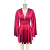 Women's Satin-Style Mini Dress, V-Neck, Long Flared Sleeves and Gathered Waist