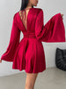 Women's Satin-Style Mini Dress, V-Neck, Long Flared Sleeves and Gathered Waist