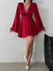 Women's Satin-Style Mini Dress, V-Neck, Long Flared Sleeves and Gathered Waist