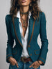 Women's Herringbone Blazer, Contrast Piping, Lapel Collar and Long Sleeves