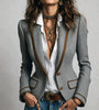 Women's Herringbone Blazer, Contrast Piping, Lapel Collar and Long Sleeves