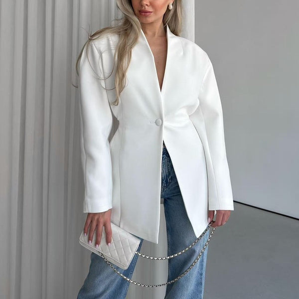 Women's One Button V-neck Long Sleeve Polyester Solid Color Simple Jacket for Sophisticated Style in Black White