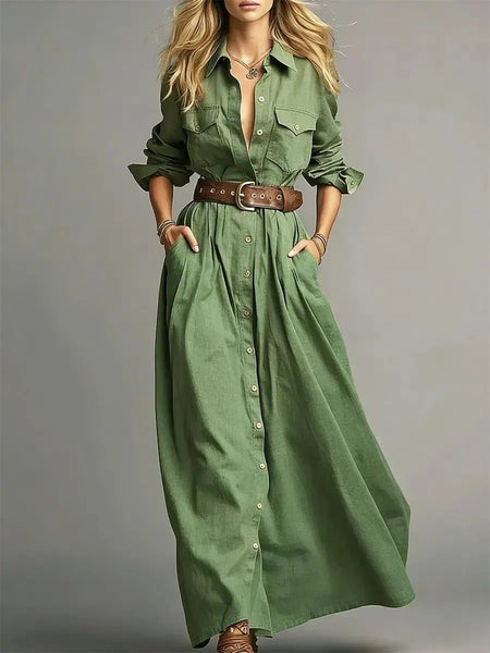 Women's Long Shirt Dress, Collared Neckline, Button Front and Long Sleeves