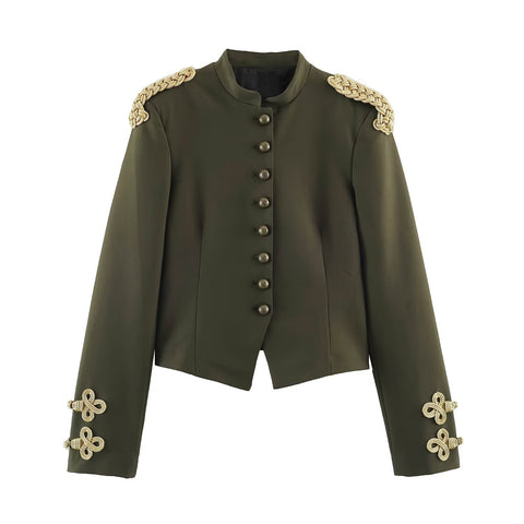 Women's Slim Fit Polyester Solid Color Stand-up Collar Long Sleeve Single-Breasted Button Blazer for Casual Work in European and American Style