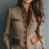 Women's Herringbone Jacket, Stand Collar, Contrast Trim and Patch Pockets