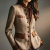 Women's Herringbone Jacket, Stand Collar, Contrast Trim and Patch Pockets