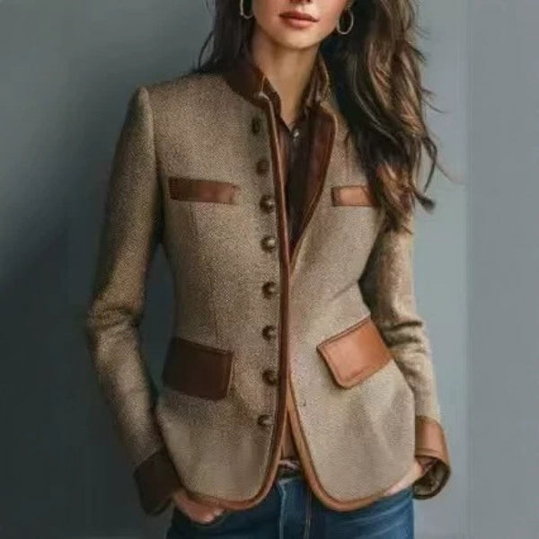 Women's Herringbone Jacket, Stand Collar, Contrast Trim and Patch Pockets