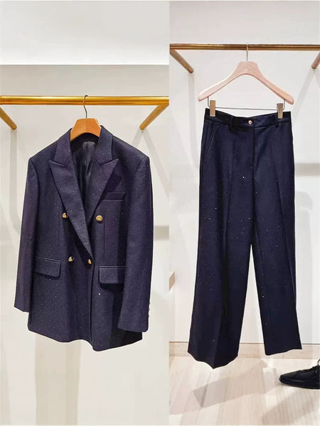 Women's Polyester Solid Color Long Sleeve Pants with Hot-Stamped Rhinestones for Office