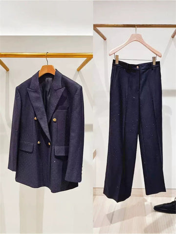 Women's Polyester Solid Color Long Sleeve Pants with Hot-Stamped Rhinestones for Office