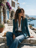 Women's Slim Fit Peacock Blue Herringbone Woolen Blazer with Contrast Binding for Fall Winter