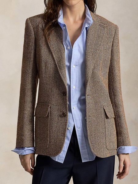 Women's Linen-Blend Blazer, Herringbone Pattern, Notched Lapels and Long Sleeves
