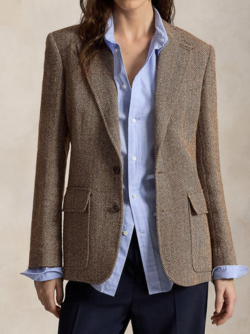 Women's Linen-Blend Blazer, Herringbone Pattern, Notched Lapels and Long Sleeves