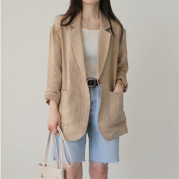 Women's Loose Fit Flax Solid Color Single Breasted One Button Long Sleeve Korean Style Casual Jacket for Spring in Khaki