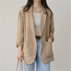 Women's Loose Fit Flax Solid Color Single Breasted One Button Long Sleeve Korean Style Casual Jacket for Spring in Khaki