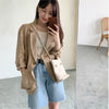 Women's Loose Fit Flax Solid Color Single Breasted One Button Long Sleeve Korean Style Casual Jacket for Spring in Khaki