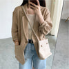 Women's Loose Fit Flax Solid Color Single Breasted One Button Long Sleeve Korean Style Casual Jacket for Spring in Khaki