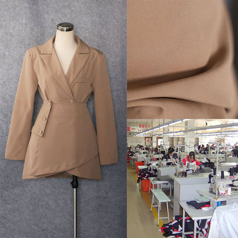 Women's Slim Fit Polyester Solid Color Long Sleeve Single Row Two-Grain Buckle Irregular Blazer Dress for Urban Casual in Khaki