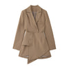 Women's Slim Fit Polyester Solid Color Long Sleeve Single Row Two-Grain Buckle Irregular Blazer Dress for Urban Casual in Khaki