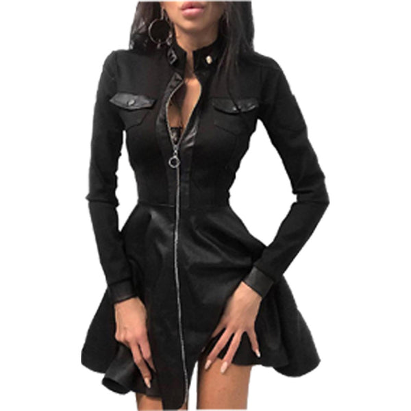 Women's PU-Panel Dress, Long Sleeves, Zip Front and Defined Waist
