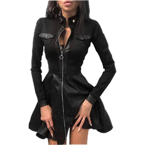 Women's PU-Panel Dress, Long Sleeves, Zip Front and Defined Waist
