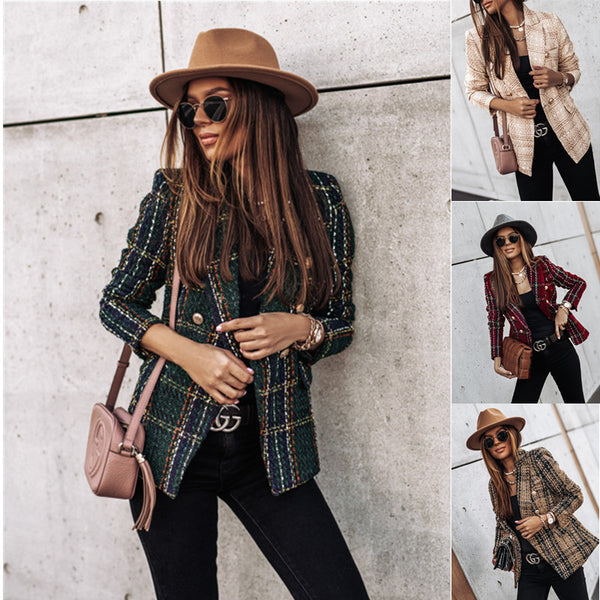Women's Plaid Blazer, Double-Row Button Design, Round Neckline and Long Sleeves