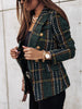 Women's Plaid Blazer, Double-Row Button Design, Round Neckline and Long Sleeves