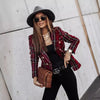 Women's Plaid Blazer, Double-Row Button Design, Round Neckline and Long Sleeves