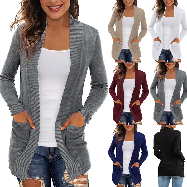 Women's Loose Fit Long Sleeve Solid Color No Buckle Cardigan Style Knit Pants with Pockets for Streetwear in White