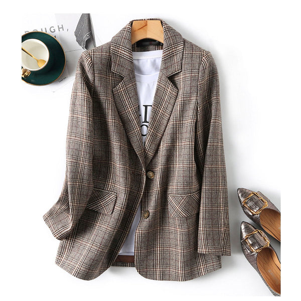 Women's Houndstooth Blazer, Suit Collar, Long Sleeves, Polyester