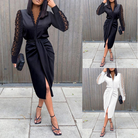 Women's Bodycon Dress, V-Neck, Lace Long Sleeves and Ruched Waist