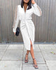 Women's Bodycon Dress, V-Neck, Lace Long Sleeves and Ruched Waist