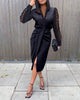 Women's Bodycon Dress, V-Neck, Lace Long Sleeves and Ruched Waist