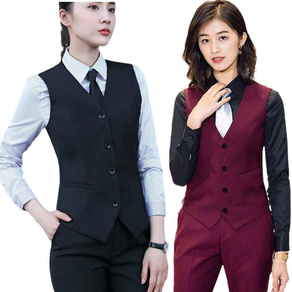 Women's Slim Fit Collarless Single-Breasted Polyester Solid Color Vest with Pocket for Work in Black
