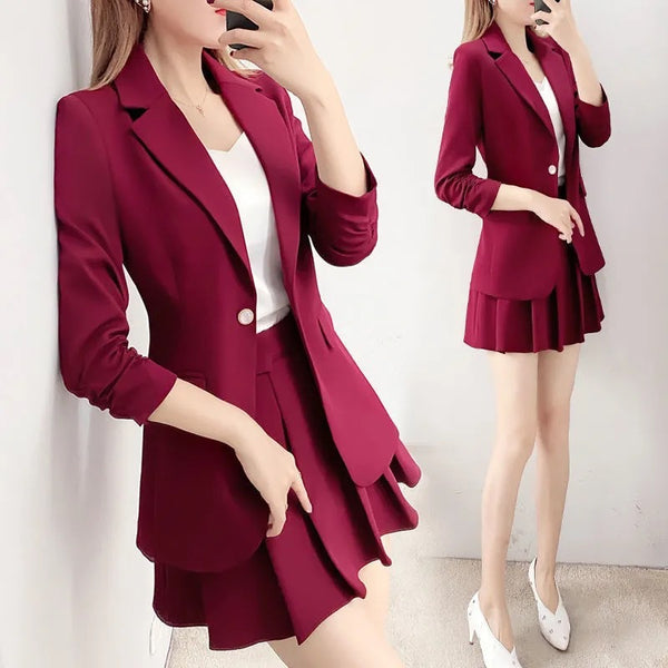 Women's Gentle Style Splicing Polyester Solid Color Long Sleeve Suit Set with Blazer and Skirt Two Piece for Casual Wear
