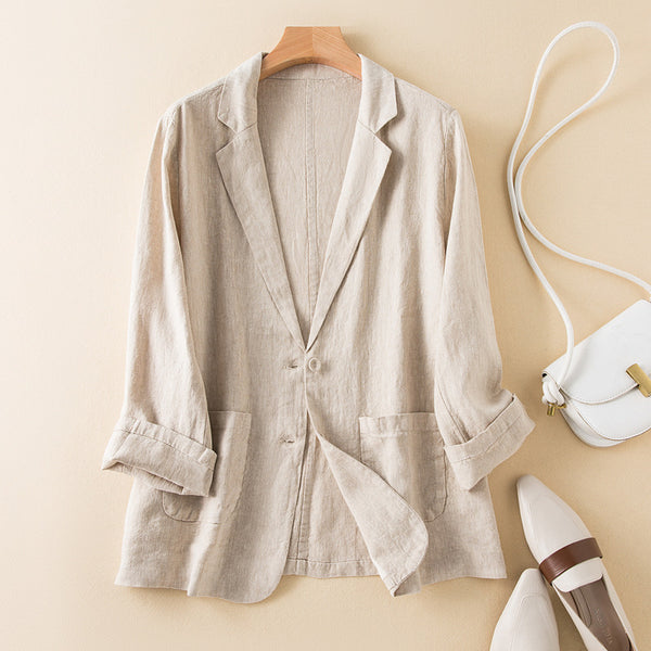 Women's Loose Fit Single Breasted Cotton Solid Color Long Sleeve Blazer with Pockets Hong Kong Style Casual Work in White Ink Blue