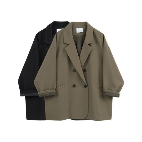 Women's Loose Fit Double-Breasted Buckle Long Sleeve Solid Color Office Blazer for Work Office in Black
