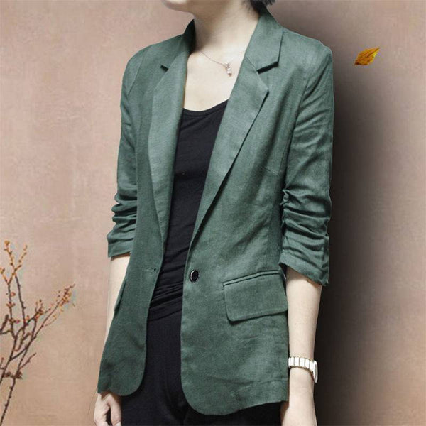 Women's General Fit Solid Color One Button Hemp Jacket with Seven Point Sleeves for Hong Kong Style Casual Wear in Green