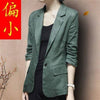 Women's General Fit Solid Color One Button Hemp Jacket with Seven Point Sleeves for Hong Kong Style Casual Wear in Green